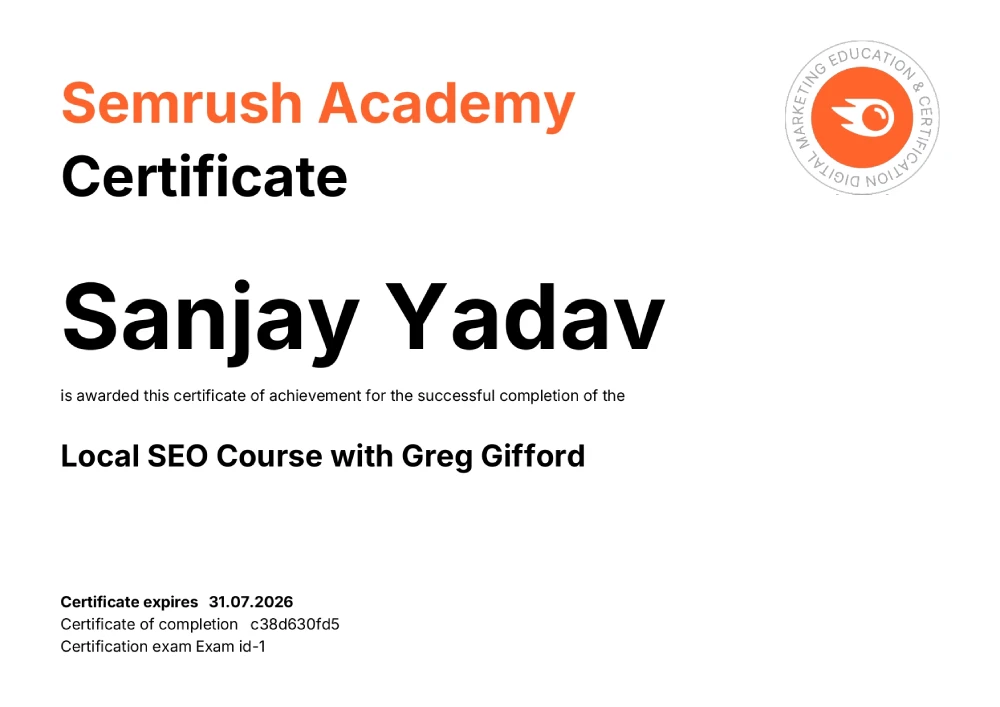 Local SEO by Greg Griffed certificate